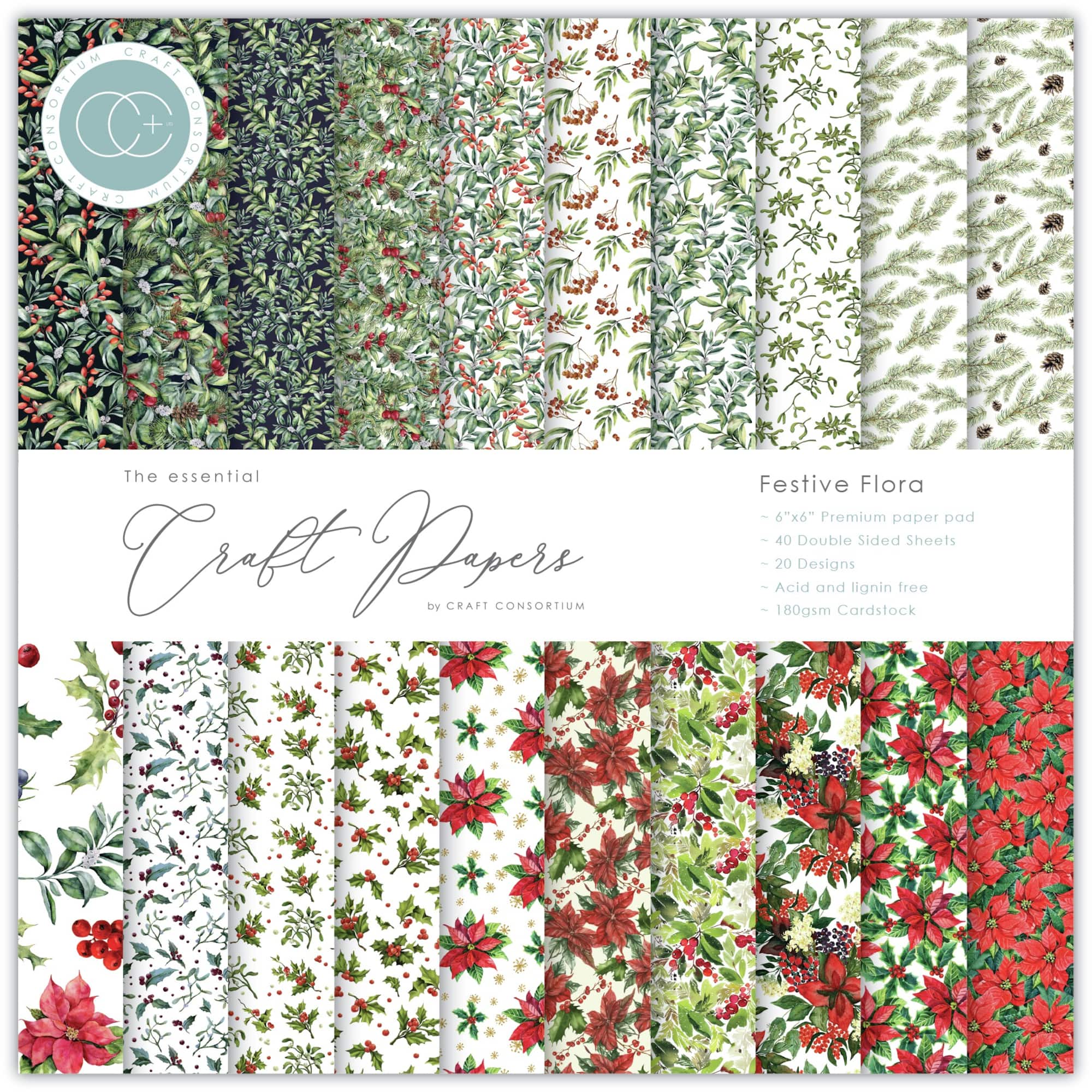 Craft Consortium Festive Flora Double-Sided Paper Pad, 6" x 6"